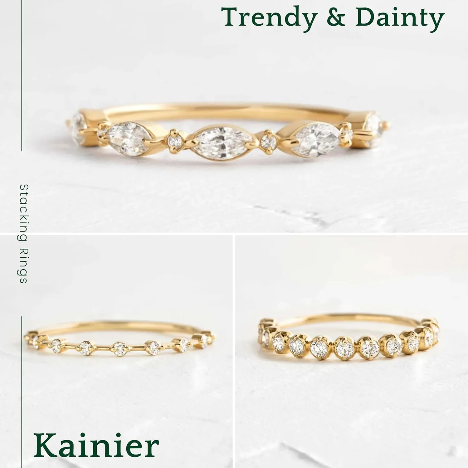 Kainier 3PCS Stackable Gold Rings for Women 1mm 14K Gold Plated Dainty Thin Pinky Rings for Women Non Tarnish CZ Band Classic Cute Stacking Thumb Knuckle Ring Comfort Fit Size 5 to 10