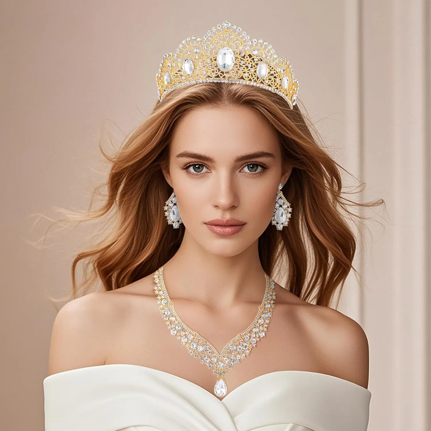 Kamirola Tiaras and Crowns for Women,Tiaras Earrings Necklace, Crystal Bridal Jewelry Set, Costume Party Halloween Prom Pageant Jewelry for Women