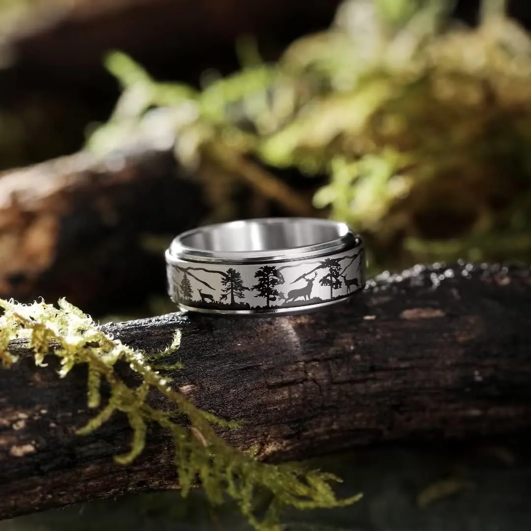 King Will 6mm 7mm 8mm Silver Black Stainless Steel Ring Spinner Ring Anxiety Relief Wedding Ring For Men Women Forest Elk Deer Family/Moon Star/Skull Head/Evil Eye/Poker Pattern Size 7-14
