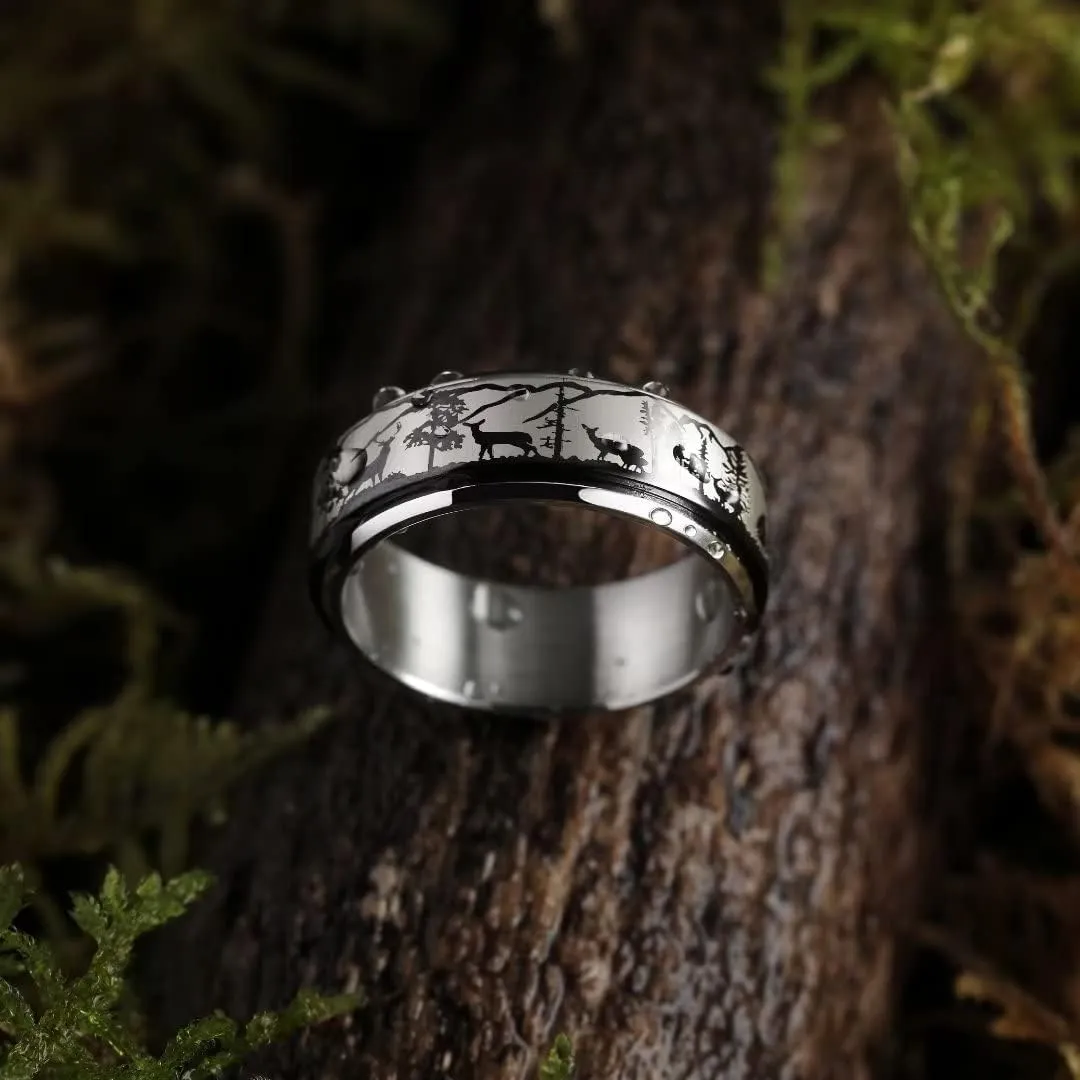 King Will 6mm 7mm 8mm Silver Black Stainless Steel Ring Spinner Ring Anxiety Relief Wedding Ring For Men Women Forest Elk Deer Family/Moon Star/Skull Head/Evil Eye/Poker Pattern Size 7-14