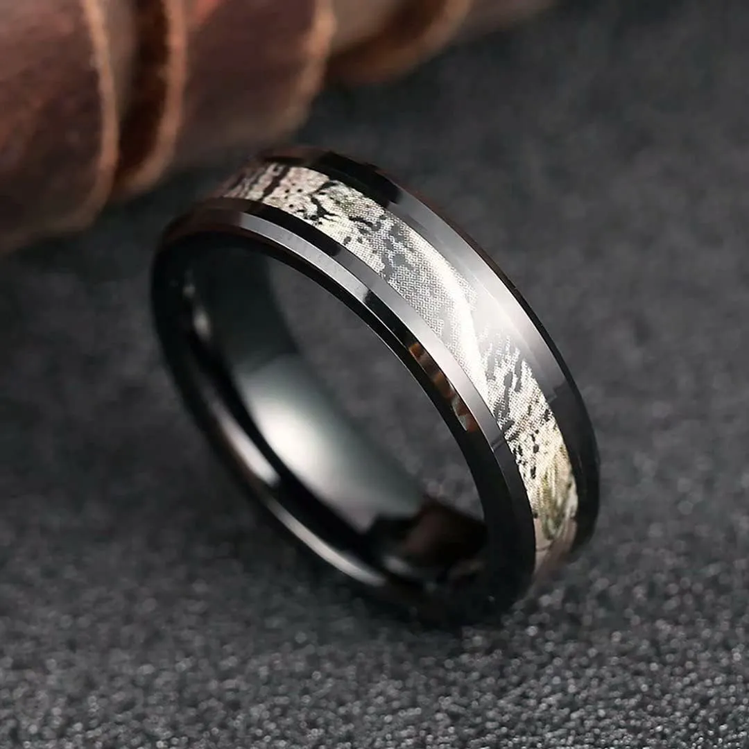 King Will 6mm/8mm Mens Black/Silver Camo Tungsten Carbide Ring Camouflage Comfort Fit Wedding Band