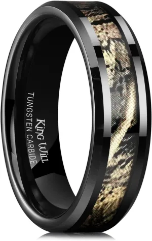 King Will 6mm/8mm Mens Black/Silver Camo Tungsten Carbide Ring Camouflage Comfort Fit Wedding Band