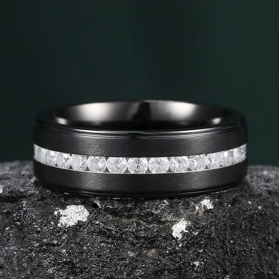 King Will 8mm Gold Titanium Ring GEM Mens Cubic Zircon Stones Flat Style Groove Wedding Ring High Polished for Women Men Beveled Polished Edge