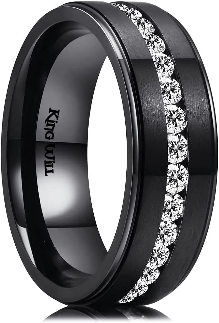 King Will 8mm Gold Titanium Ring GEM Mens Cubic Zircon Stones Flat Style Groove Wedding Ring High Polished for Women Men Beveled Polished Edge