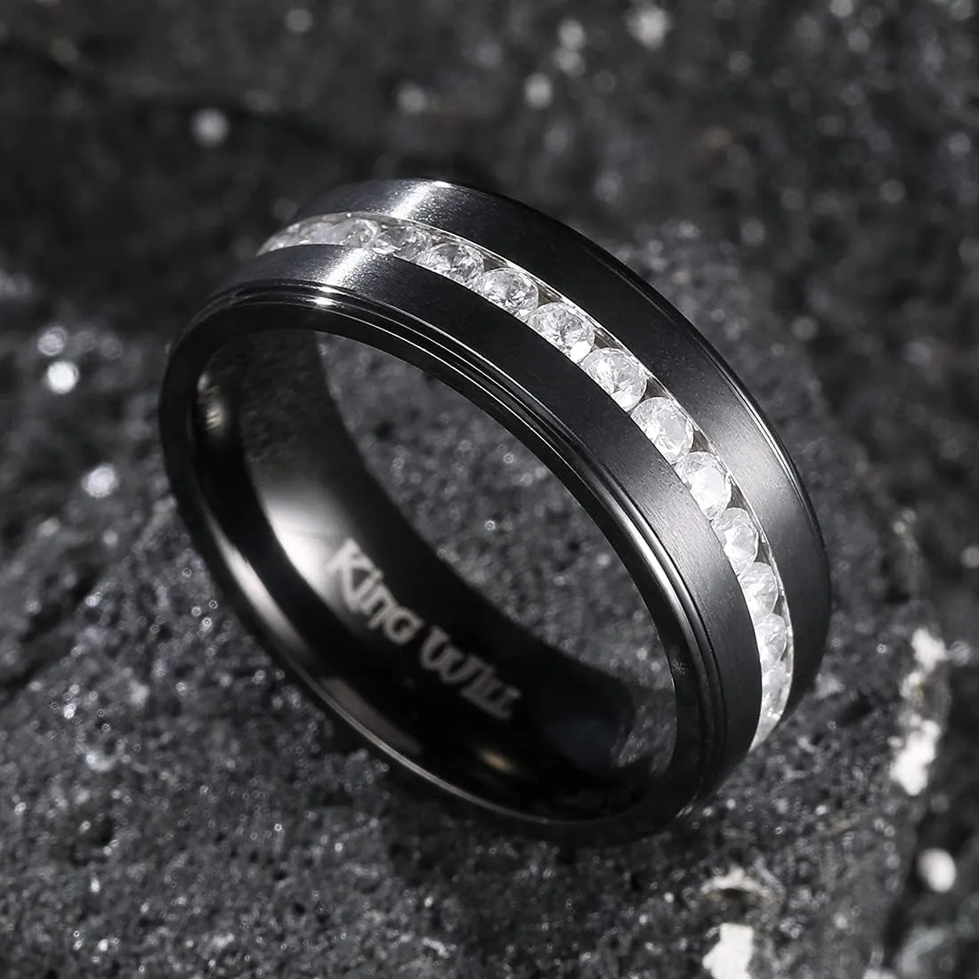 King Will 8mm Gold Titanium Ring GEM Mens Cubic Zircon Stones Flat Style Groove Wedding Ring High Polished for Women Men Beveled Polished Edge