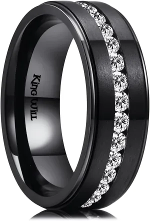 King Will 8mm Gold Titanium Ring GEM Mens Cubic Zircon Stones Flat Style Groove Wedding Ring High Polished for Women Men Beveled Polished Edge