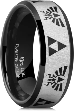 King Will 8mm Mens Black/Blue Tungsten Carbide Wedding Ring Game-Themed Laser Pattern Ring Matte Finished Plated Stepped Beveled Edges