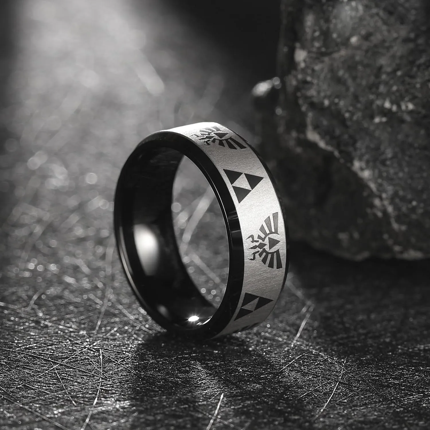King Will 8mm Mens Black/Blue Tungsten Carbide Wedding Ring Game-Themed Laser Pattern Ring Matte Finished Plated Stepped Beveled Edges
