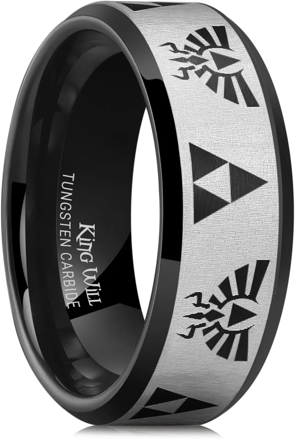 King Will 8mm Mens Black/Blue Tungsten Carbide Wedding Ring Game-Themed Laser Pattern Ring Matte Finished Plated Stepped Beveled Edges
