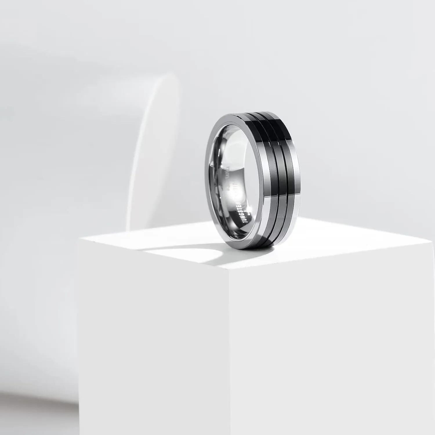King Will 8mm Mens Silver Black Groove Tungsten Wedding Rings Black Groove Ceramic Center High Polished Surface Pipe Cut Edge Wedding Band for Men Women
