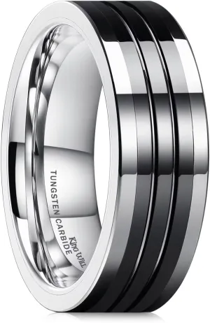 King Will 8mm Mens Silver Black Groove Tungsten Wedding Rings Black Groove Ceramic Center High Polished Surface Pipe Cut Edge Wedding Band for Men Women