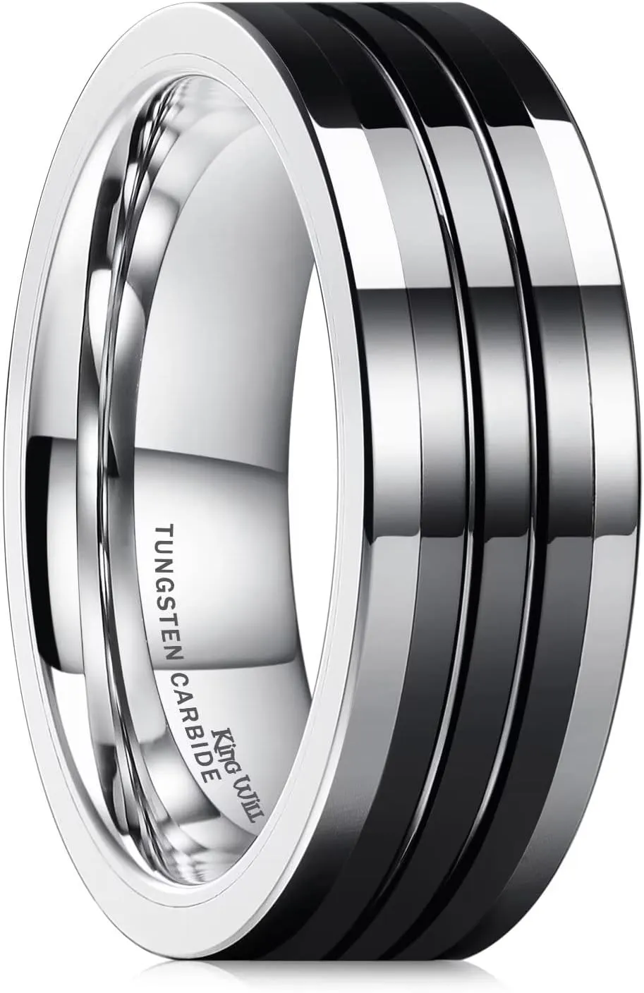 King Will 8mm Mens Silver Black Groove Tungsten Wedding Rings Black Groove Ceramic Center High Polished Surface Pipe Cut Edge Wedding Band for Men Women