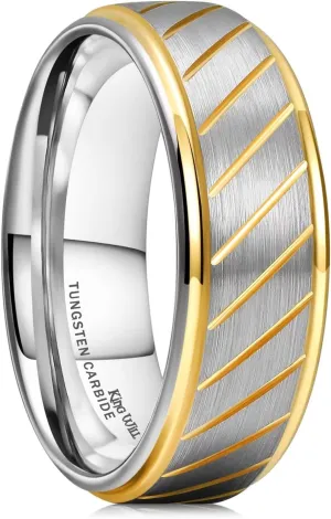 King Will 8mm Silver Gold Groove Tungsten Rings Multiple Oblique Groove Lines Men Wedding Bands Gold Step Edge Silver Surface Promise Engagement 12