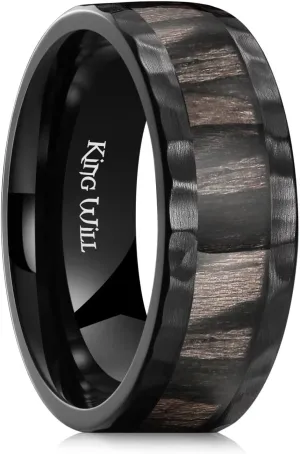 King Will 8mm Silver Hammered Titanium Ring Center Inlaid Wood Wedding Band for Men Hammered Wood Titanium Rings Polish Comfort Fit