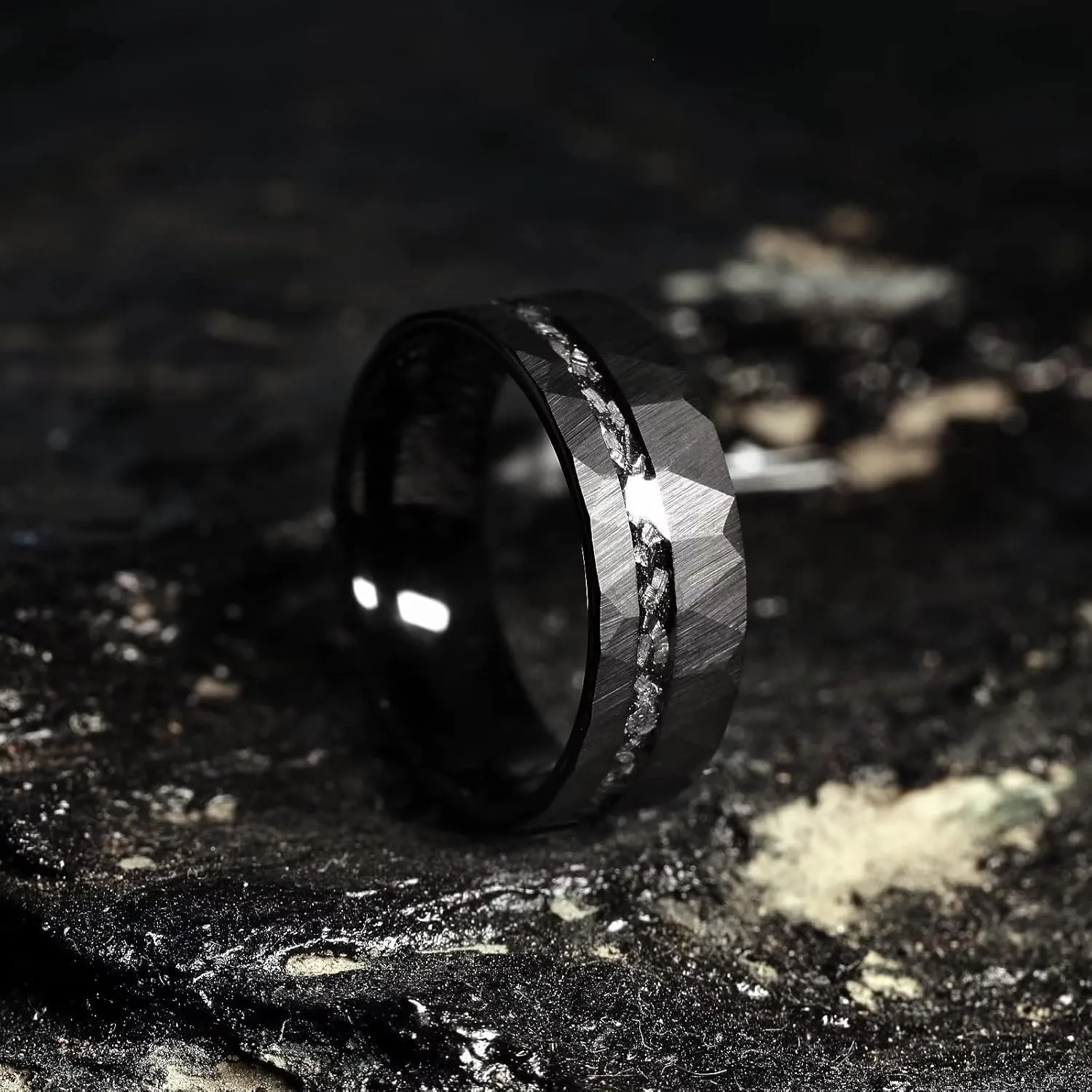 King Will 8mm Tungsten Carbide Opal Rings For Men Black Wedding Band Blue Opal Inlay Brushed Hammered Promise Rings Comfort Fit Size 7-14