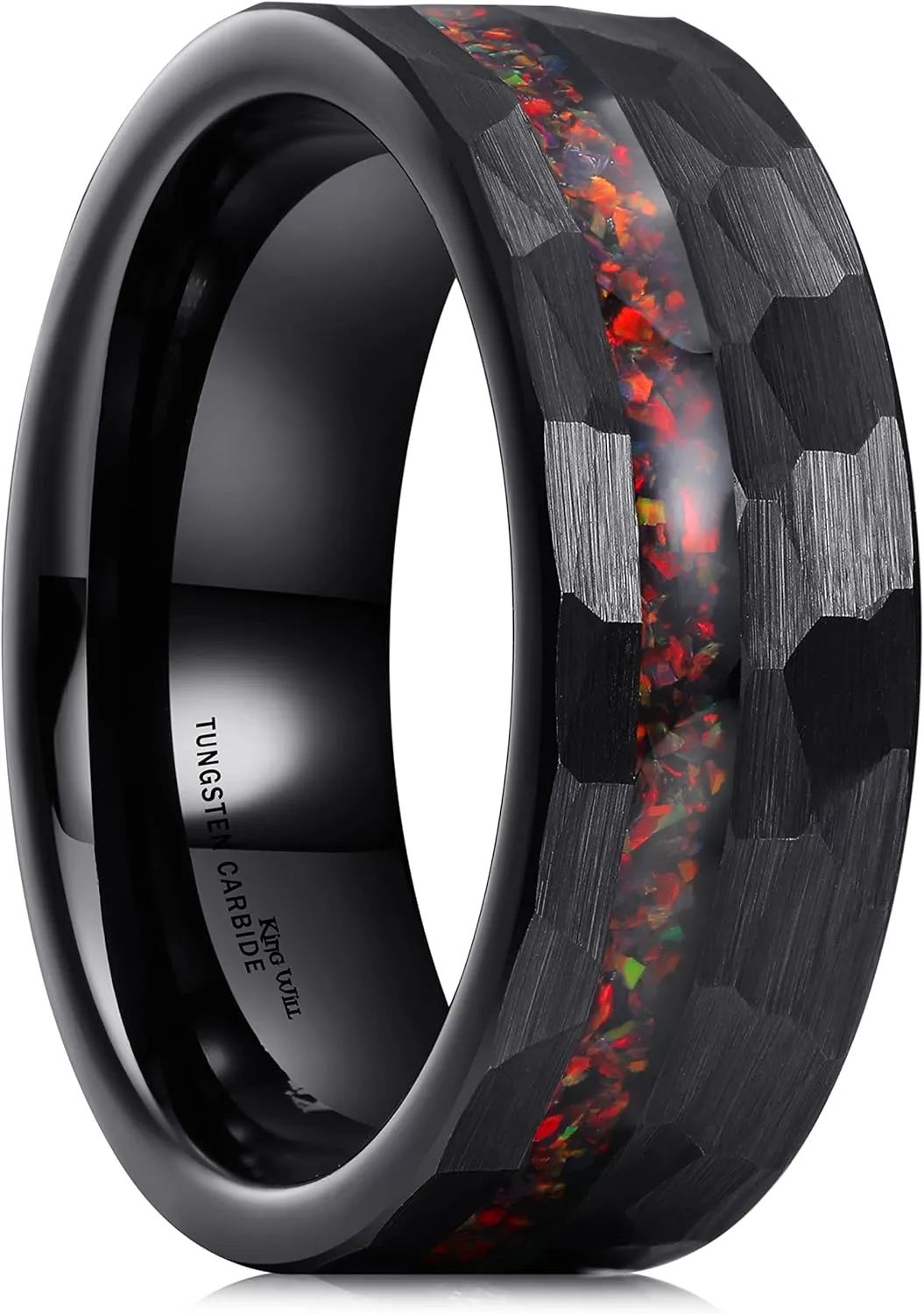 King Will 8mm Tungsten Carbide Opal Rings For Men Black Wedding Band Blue Opal Inlay Brushed Hammered Promise Rings Comfort Fit Size 7-14