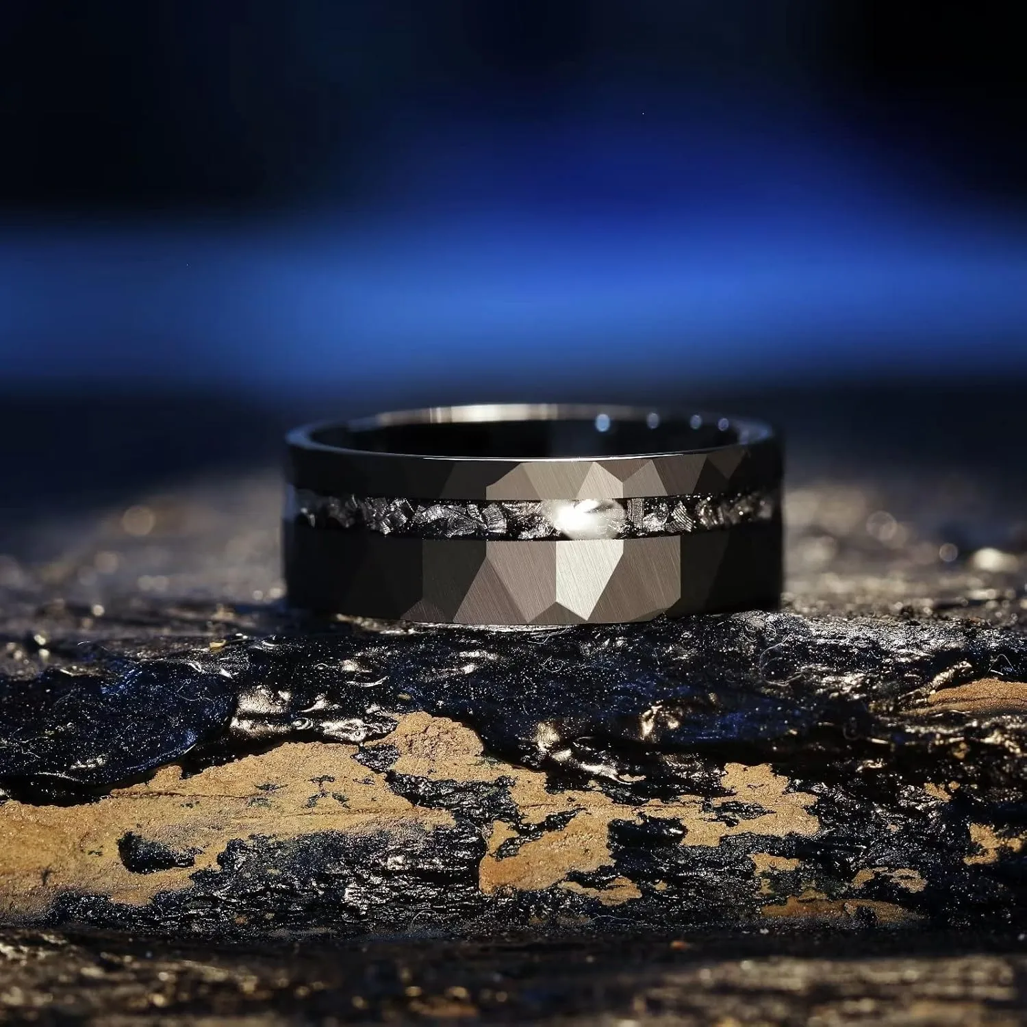 King Will 8mm Tungsten Carbide Opal Rings For Men Black Wedding Band Blue Opal Inlay Brushed Hammered Promise Rings Comfort Fit Size 7-14