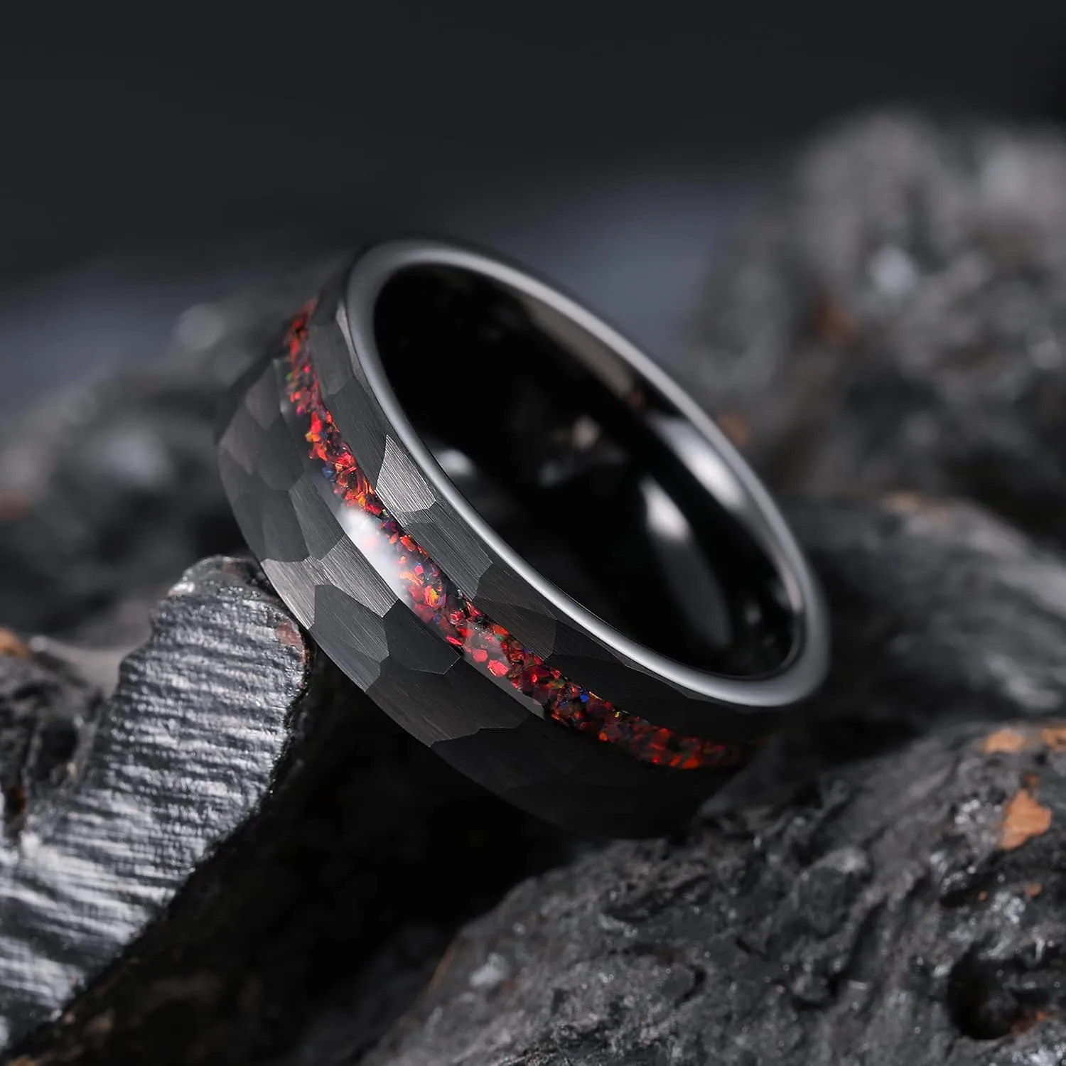 King Will 8mm Tungsten Carbide Opal Rings For Men Black Wedding Band Blue Opal Inlay Brushed Hammered Promise Rings Comfort Fit Size 7-14