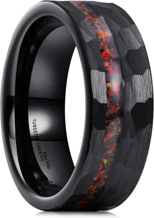 King Will 8mm Tungsten Carbide Opal Rings For Men Black Wedding Band Blue Opal Inlay Brushed Hammered Promise Rings Comfort Fit Size 7-14