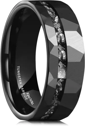 King Will 8mm Tungsten Carbide Opal Rings For Men Black Wedding Band Blue Opal Inlay Brushed Hammered Promise Rings Comfort Fit Size 7-14