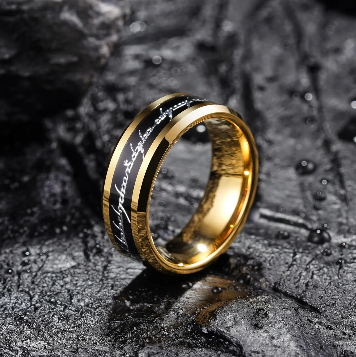 King Will 8mm Tungsten Carbide Ring for Men Black/Silver/Gold Plated Magic Words Inlay Wedding Bands High Polished Beveled Edge Comfort Fit
