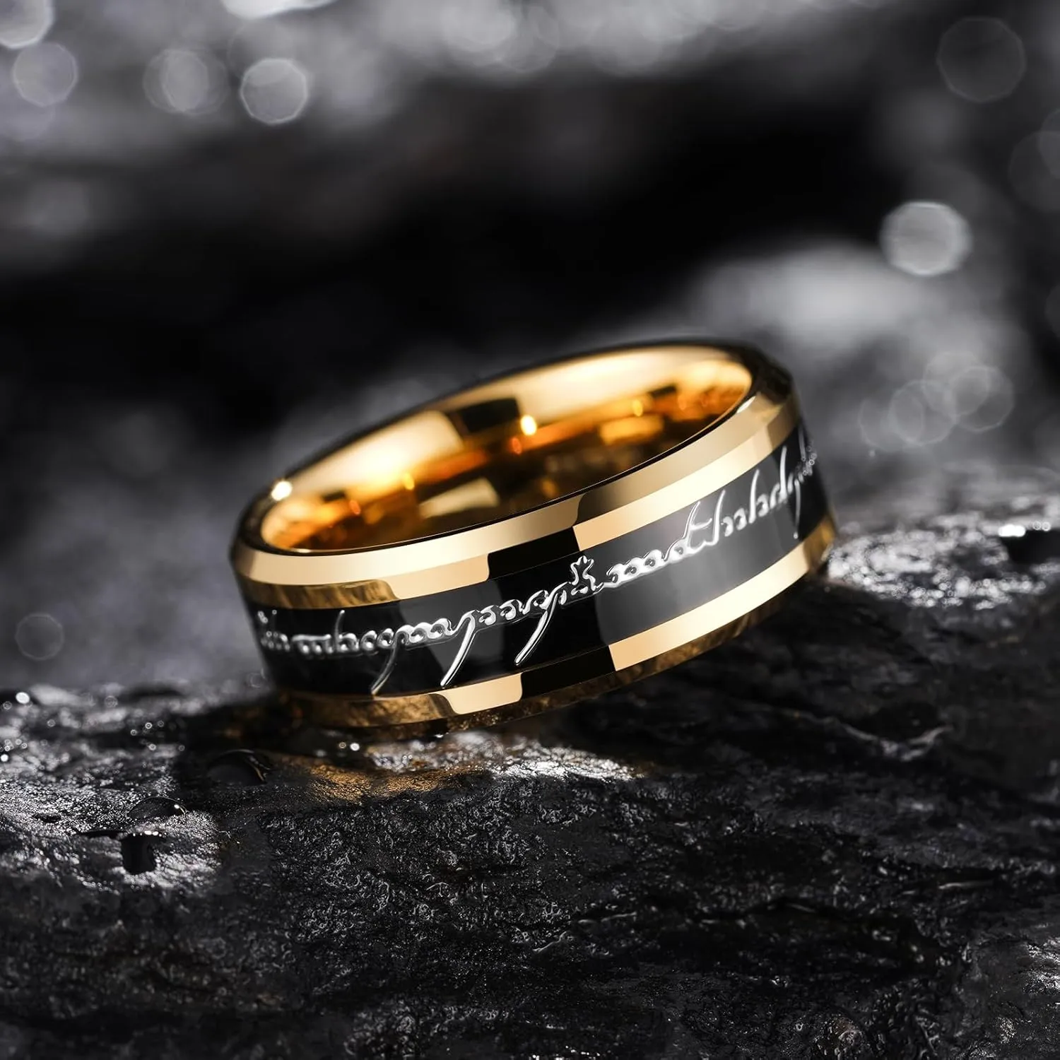 King Will 8mm Tungsten Carbide Ring for Men Black/Silver/Gold Plated Magic Words Inlay Wedding Bands High Polished Beveled Edge Comfort Fit