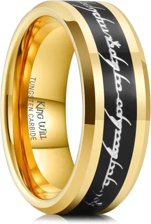 King Will 8mm Tungsten Carbide Ring for Men Black/Silver/Gold Plated Magic Words Inlay Wedding Bands High Polished Beveled Edge Comfort Fit