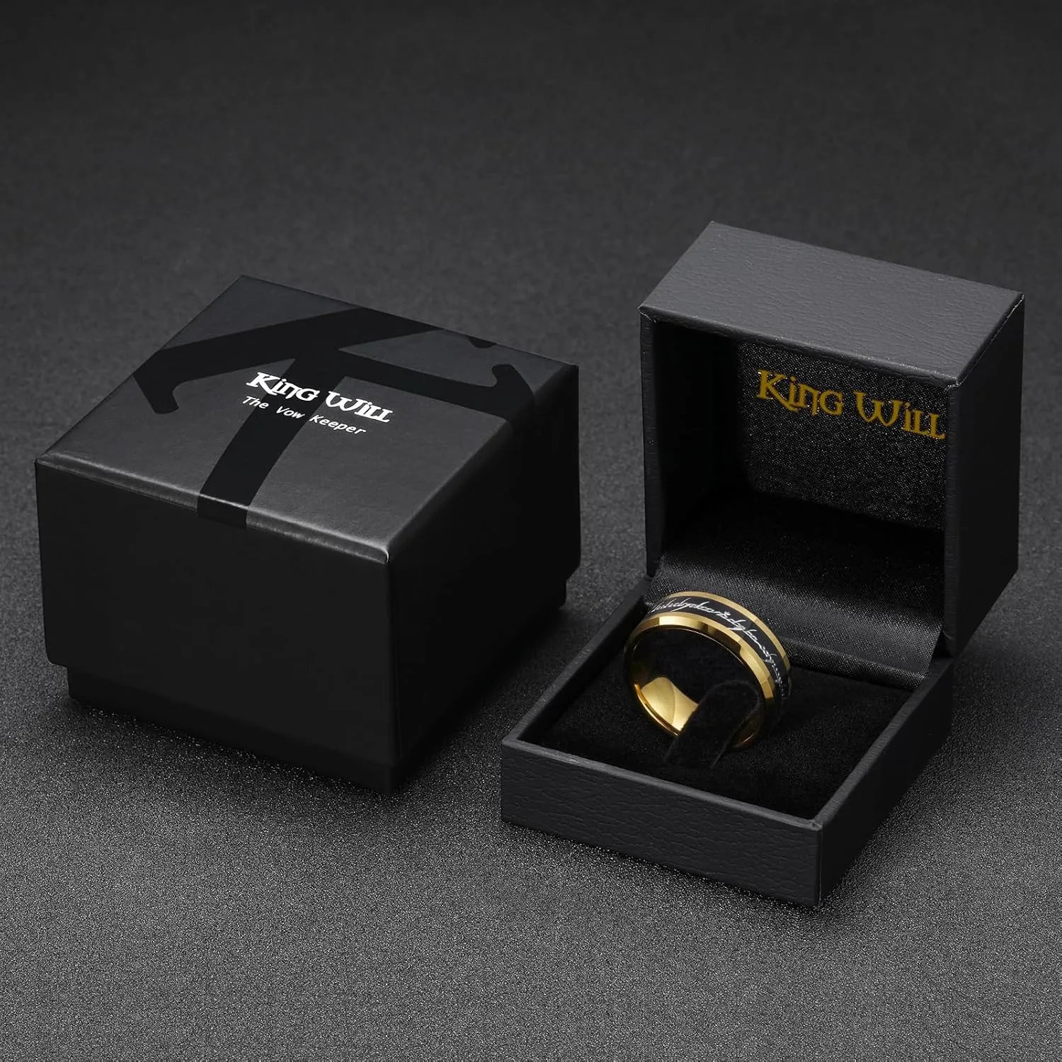 King Will 8mm Tungsten Carbide Ring for Men Black/Silver/Gold Plated Magic Words Inlay Wedding Bands High Polished Beveled Edge Comfort Fit