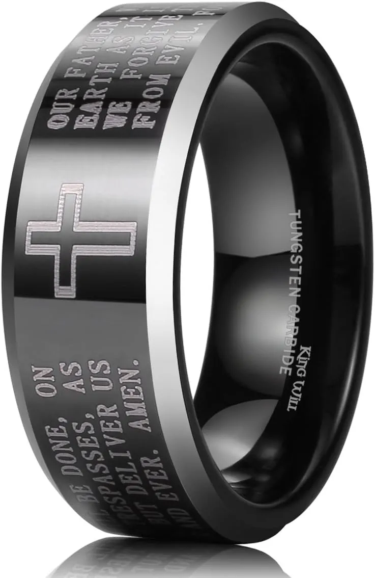 King Will 8mm Tungsten Carbide Ring for Men Lord's Prayer Wedding Band Cross Bible Engraved Mens Religious Ring Silver/Gold/Black Faith Bands Polished/Brushed Finish Comfort Fit Size 7-15