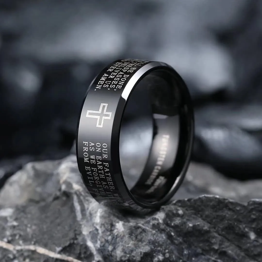 King Will 8mm Tungsten Carbide Ring for Men Lord's Prayer Wedding Band Cross Bible Engraved Mens Religious Ring Silver/Gold/Black Faith Bands Polished/Brushed Finish Comfort Fit Size 7-15