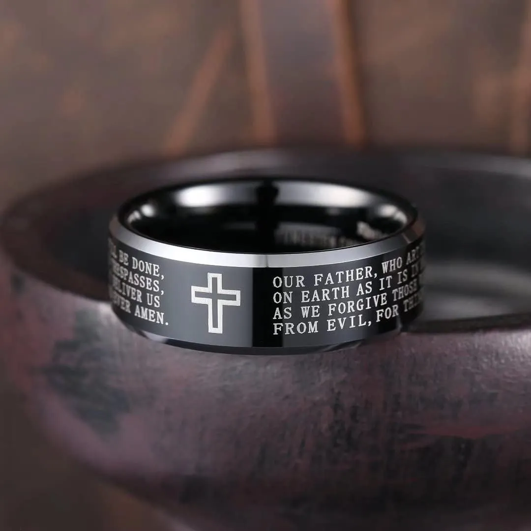 King Will 8mm Tungsten Carbide Ring for Men Lord's Prayer Wedding Band Cross Bible Engraved Mens Religious Ring Silver/Gold/Black Faith Bands Polished/Brushed Finish Comfort Fit Size 7-15