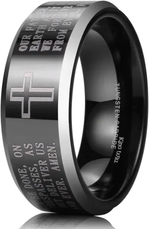 King Will 8mm Tungsten Carbide Ring for Men Lord's Prayer Wedding Band Cross Bible Engraved Mens Religious Ring Silver/Gold/Black Faith Bands Polished/Brushed Finish Comfort Fit Size 7-15