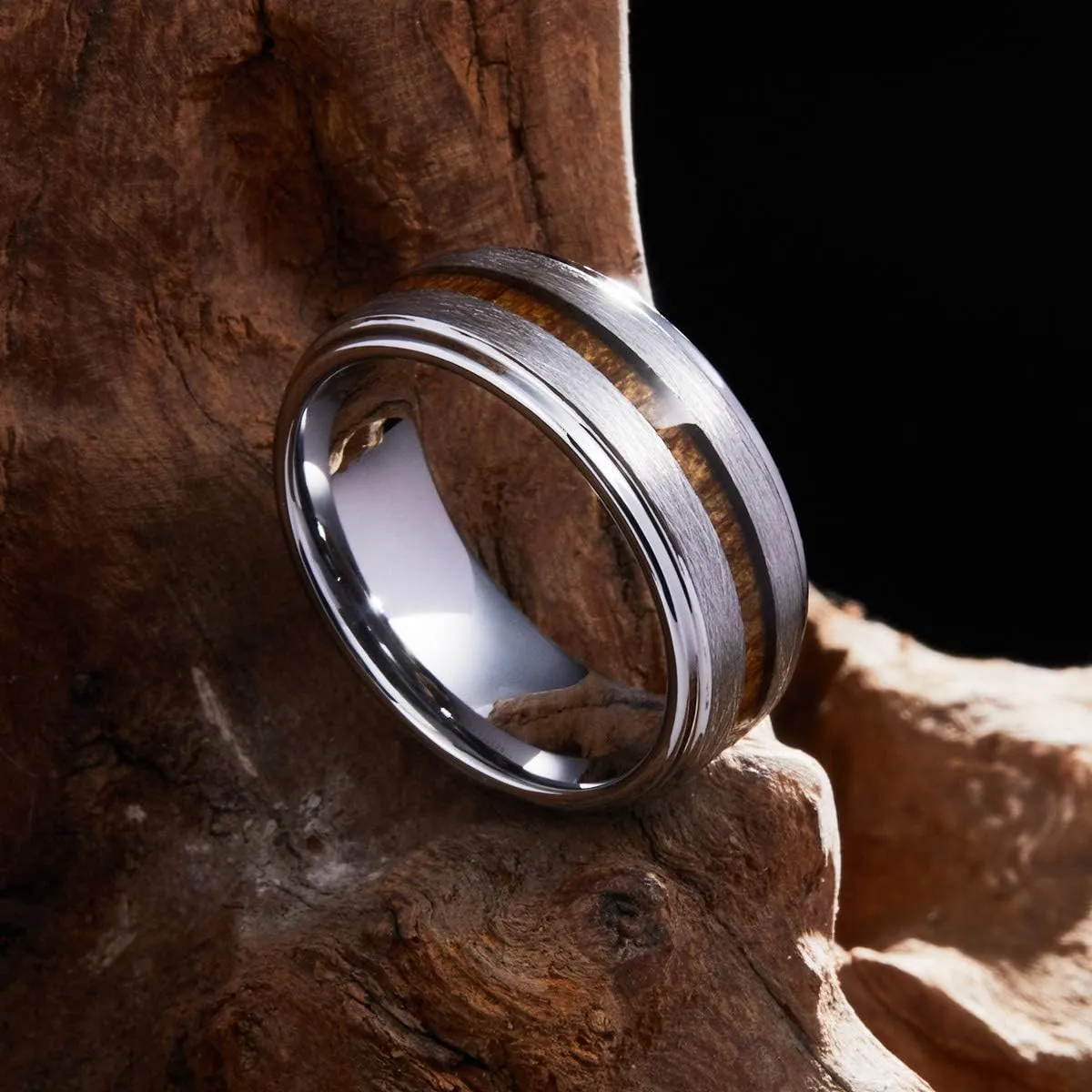 King Will 8mm Tungsten Rings Wedding Ring for Men Center Wood Inlay Black Ring Matte Brushed Finish Polished Beveled Edge Comfort Fit