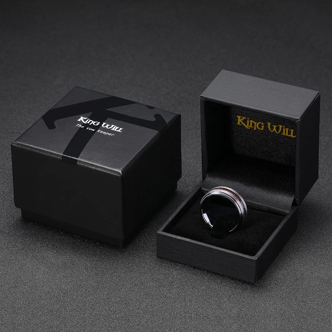 King Will 8mm Tungsten Rings Wedding Ring for Men Center Wood Inlay Black Ring Matte Brushed Finish Polished Beveled Edge Comfort Fit