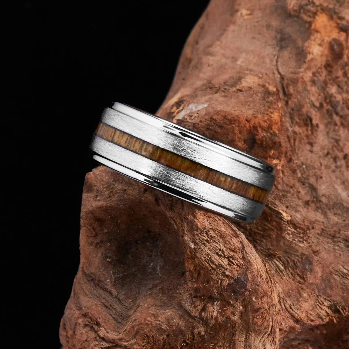 King Will 8mm Tungsten Rings Wedding Ring for Men Center Wood Inlay Black Ring Matte Brushed Finish Polished Beveled Edge Comfort Fit