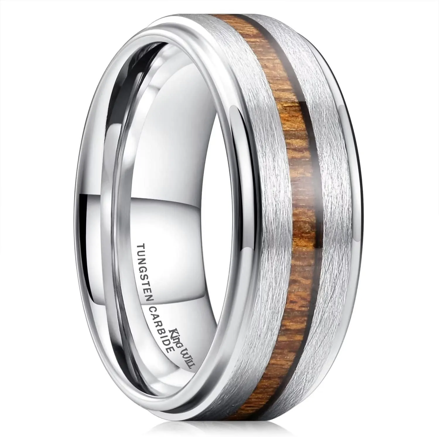 King Will 8mm Tungsten Rings Wedding Ring for Men Center Wood Inlay Black Ring Matte Brushed Finish Polished Beveled Edge Comfort Fit