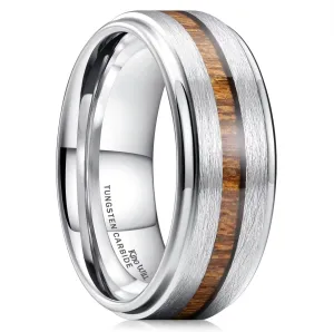 King Will 8mm Tungsten Rings Wedding Ring for Men Center Wood Inlay Black Ring Matte Brushed Finish Polished Beveled Edge Comfort Fit