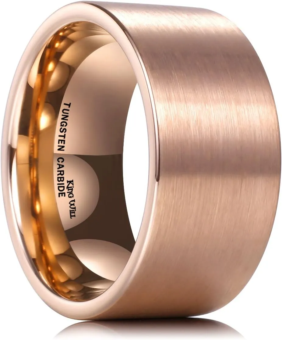 King Will Basic Gold/Rose Gold/Brown Plated Tungsten Wedding Band for Men/Women, 2mm/4mm/6mm/8mm/10mm/12mm Width Band Rings, Pipe Cut Matte Brushed Finish Cigar Band Ring Comfort Fit