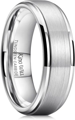 King Will Basic Tungsten Wedding Band for Men 6mm 7mm 8mm 9mm 10mm Silver Black Gunmental Blue Tungsten Rings Matte Brushed Finish Polished Step Edge Comfort Fit