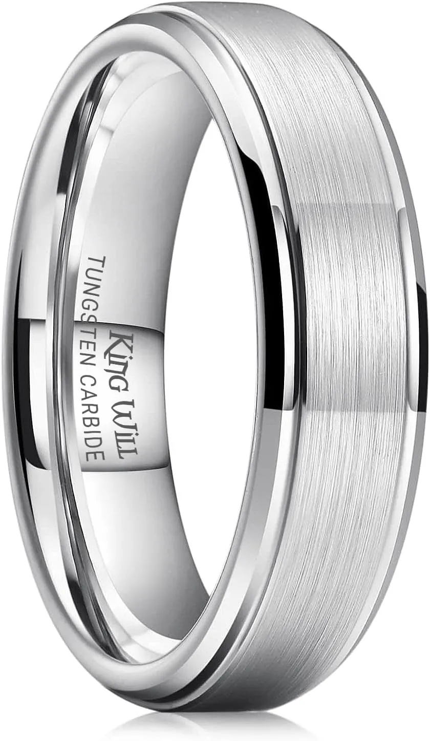 King Will Basic Tungsten Wedding Band for Men 6mm 7mm 8mm 9mm 10mm Silver Black Gunmental Blue Tungsten Rings Matte Brushed Finish Polished Step Edge Comfort Fit