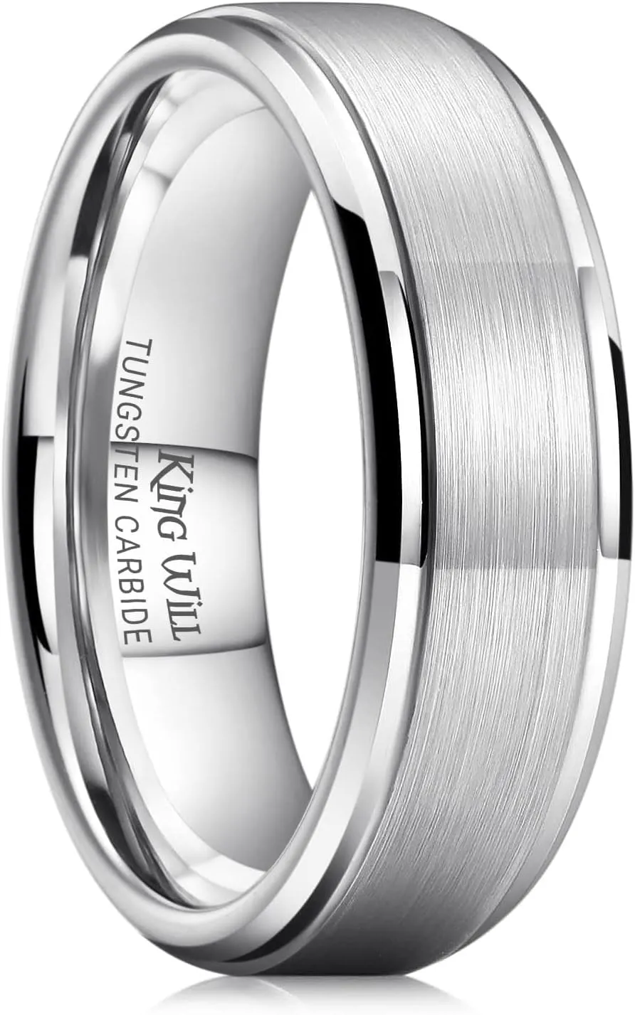 King Will Basic Tungsten Wedding Band for Men 6mm 7mm 8mm 9mm 10mm Silver Black Gunmental Blue Tungsten Rings Matte Brushed Finish Polished Step Edge Comfort Fit