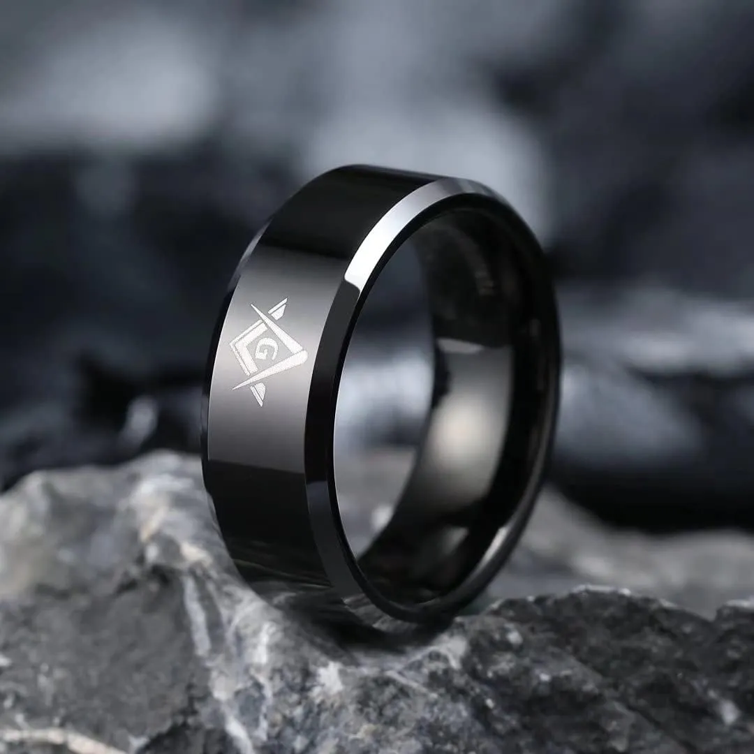 King Will Classic 8mm Black Men's Tungsten Carbide Ring Polished Masonic Compass Square Free Mason