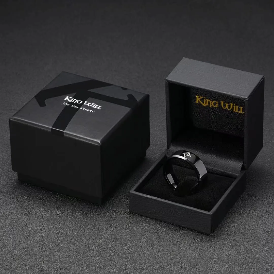 King Will Classic 8mm Black Men's Tungsten Carbide Ring Polished Masonic Compass Square Free Mason