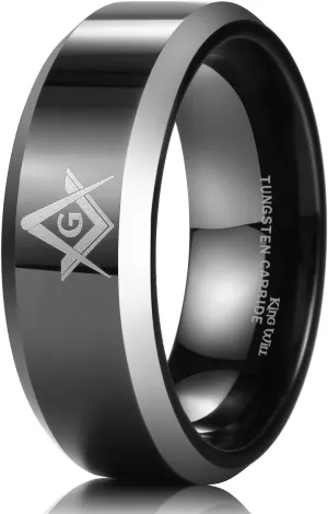 King Will Classic 8mm Black Men's Tungsten Carbide Ring Polished Masonic Compass Square Free Mason