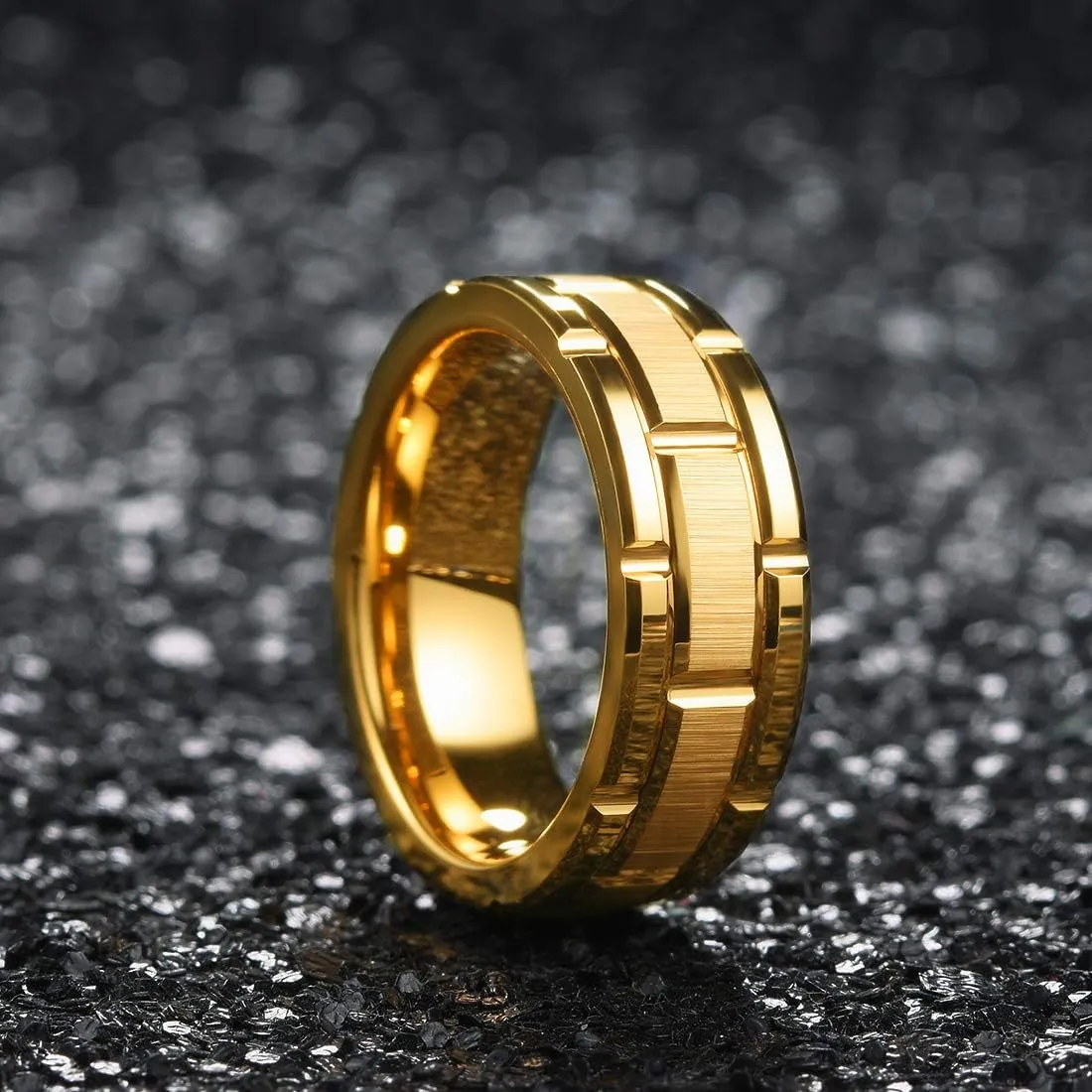 King Will Classic Mens 8mm Silver/Black/Gold/Rose Gold Tungsten Carbide Wedding Band Brick Pattern Groove Center Surface Brushed Finish Comfort Fit