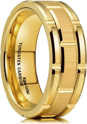 King Will Classic Mens 8mm Silver/Black/Gold/Rose Gold Tungsten Carbide Wedding Band Brick Pattern Groove Center Surface Brushed Finish Comfort Fit