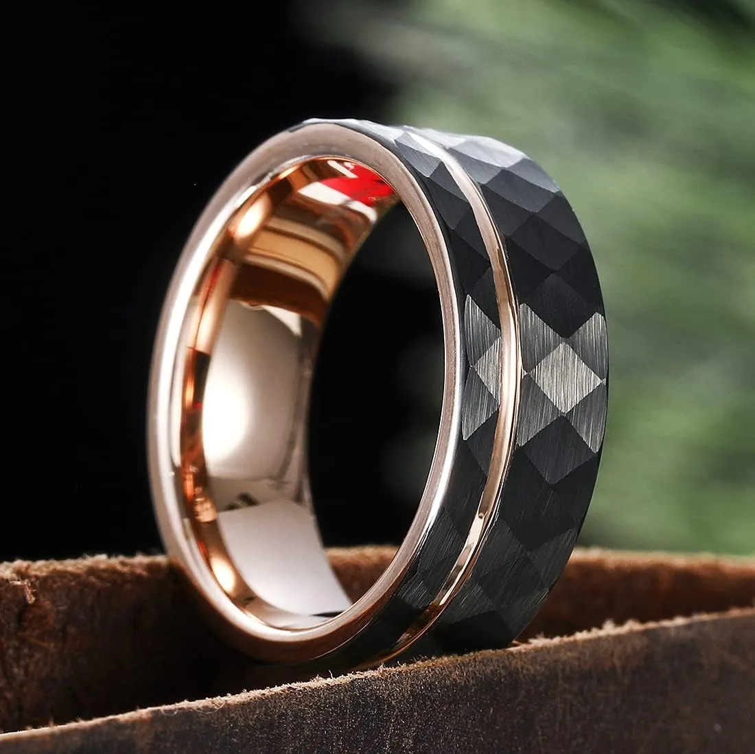 King Will Hammer 8MM Men's Tungsten Ring Black/Silver/Gold/Rose Gold Faceted Finish Tungsten Carbide Wedding Band Stripe Two Tone Rose Gold/Silver Plating Groove