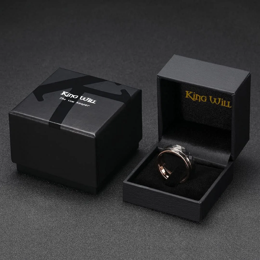 King Will Hammer 8MM Men's Tungsten Ring Black/Silver/Gold/Rose Gold Faceted Finish Tungsten Carbide Wedding Band Stripe Two Tone Rose Gold/Silver Plating Groove
