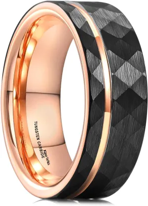 King Will Hammer 8MM Men's Tungsten Ring Black/Silver/Gold/Rose Gold Faceted Finish Tungsten Carbide Wedding Band Stripe Two Tone Rose Gold/Silver Plating Groove