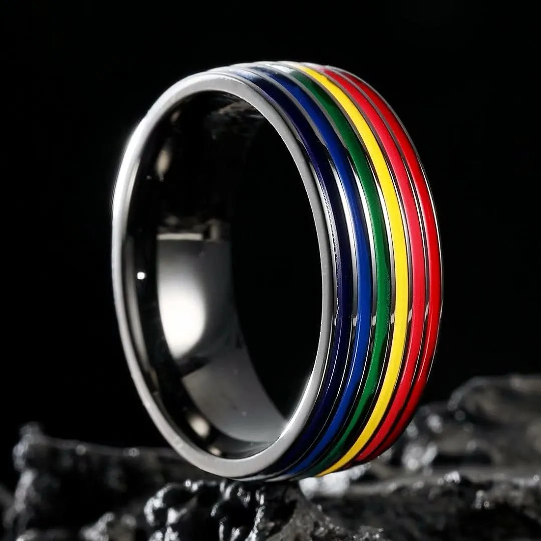 King Will LGBT Pride Rainbow Fidget Rings- Love is Love Wedding Bandfor Men, 8mm Wedding Band with Rainbow Pattern Black/Silver/Gold Stainless Steel Men Ring Wedding Band, Comfort Fit Size 7-14